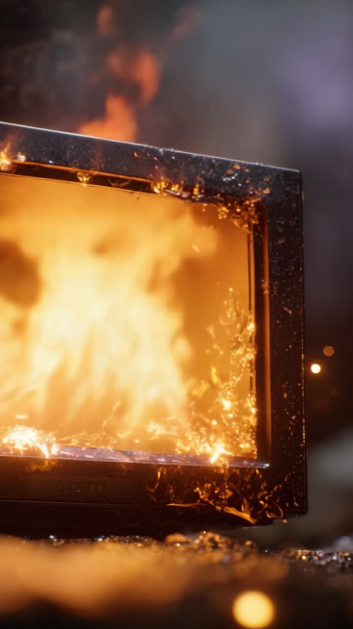 Un primo piano drammatico di un microonde avvolto dalle fiamme, che mostra l'intensità del fuoco mentre consuma l'elettrodomestico, creando uno spettacolo visivo esplosivo