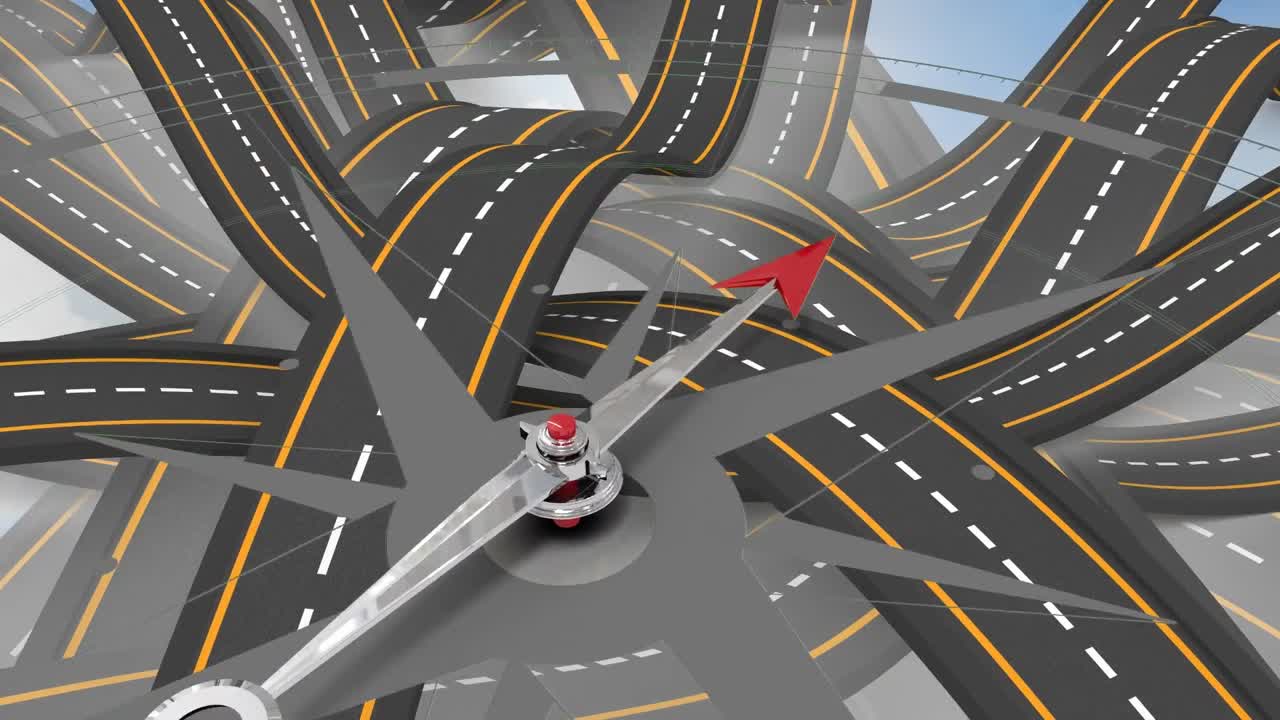 회색 배경에 있는 도로 위의 나침반의 애니메이션