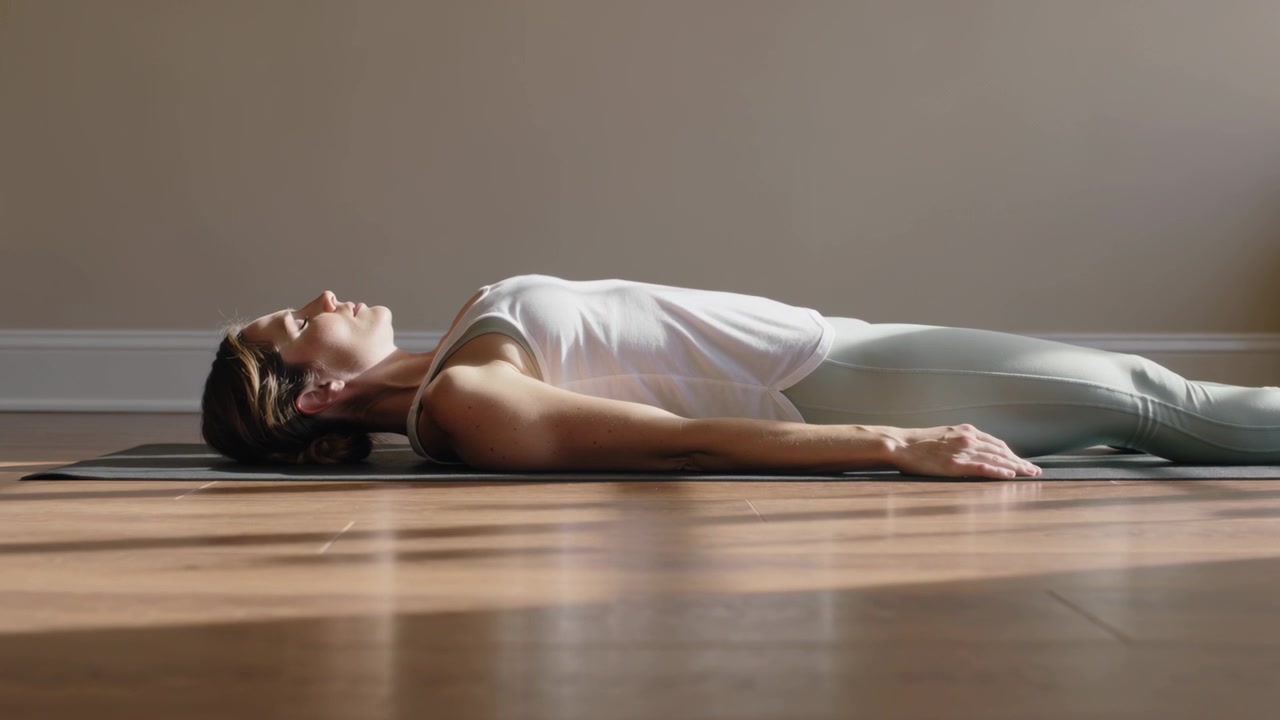 Inhaling woman in athletic clothes lying on yoga mat in quiet room for relaxation, light shifting
