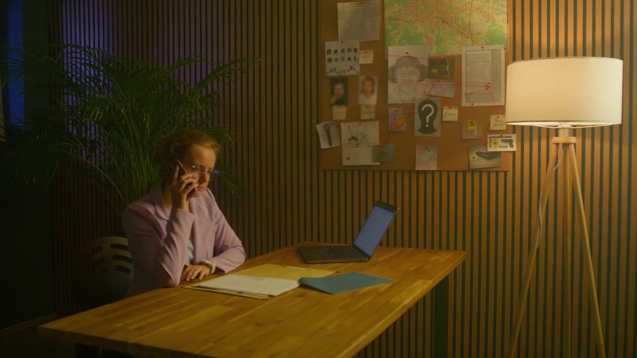 Suspect Dossier, Case Files, Intelligence Analysis, Forensic Evidence, Office Workspace, Cinematic