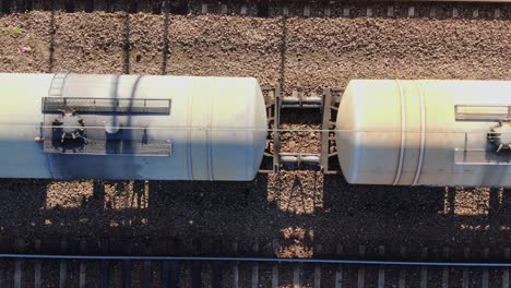 freight train tankers transporting gasoline aerial top down