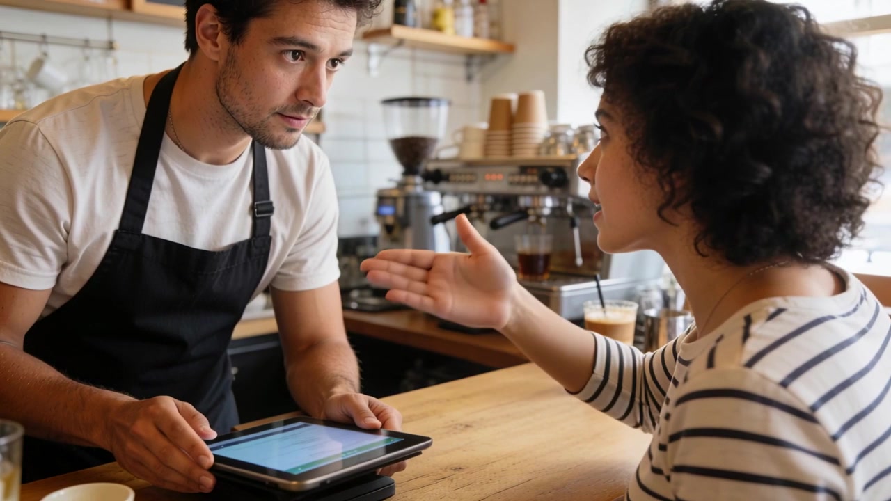 Raising hand, striped top customer requesting change while barista in apron tapping tablet at cafe
