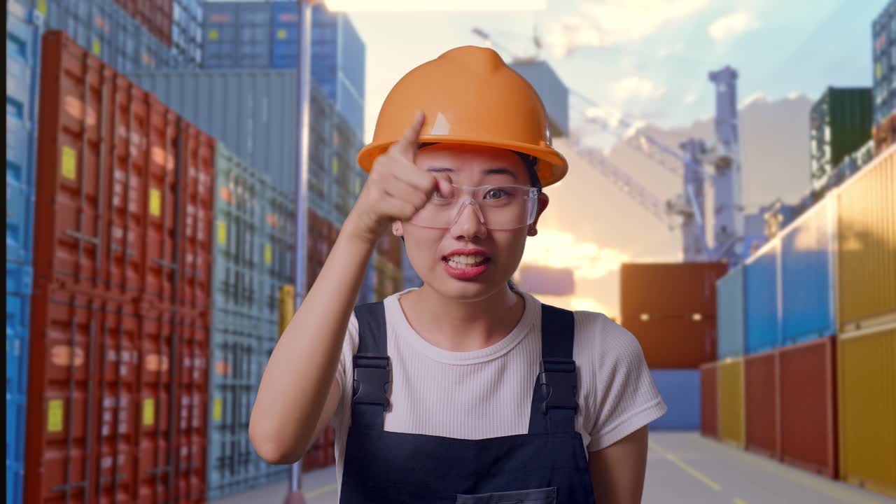 Close Up Of Asian Woman Worker Wearing Goggles And Safety Helmet Shouting To Camera While Standing At Container Yard Warehouse