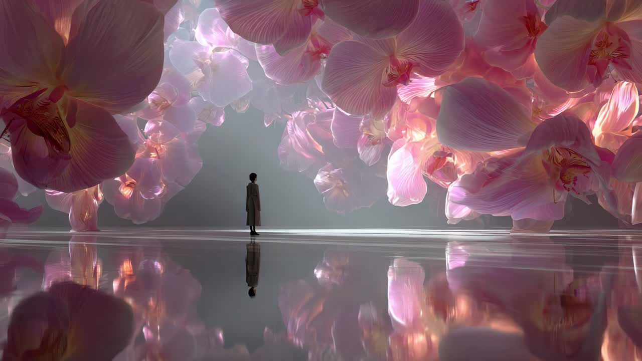 Una serena immersione nel pieno della fioritura: un incantevole mondo di delicate orchidee rosa si riflette in acque immobili, invitando l'osservatore a vivere la bellezza e la tranquillità della natura.
