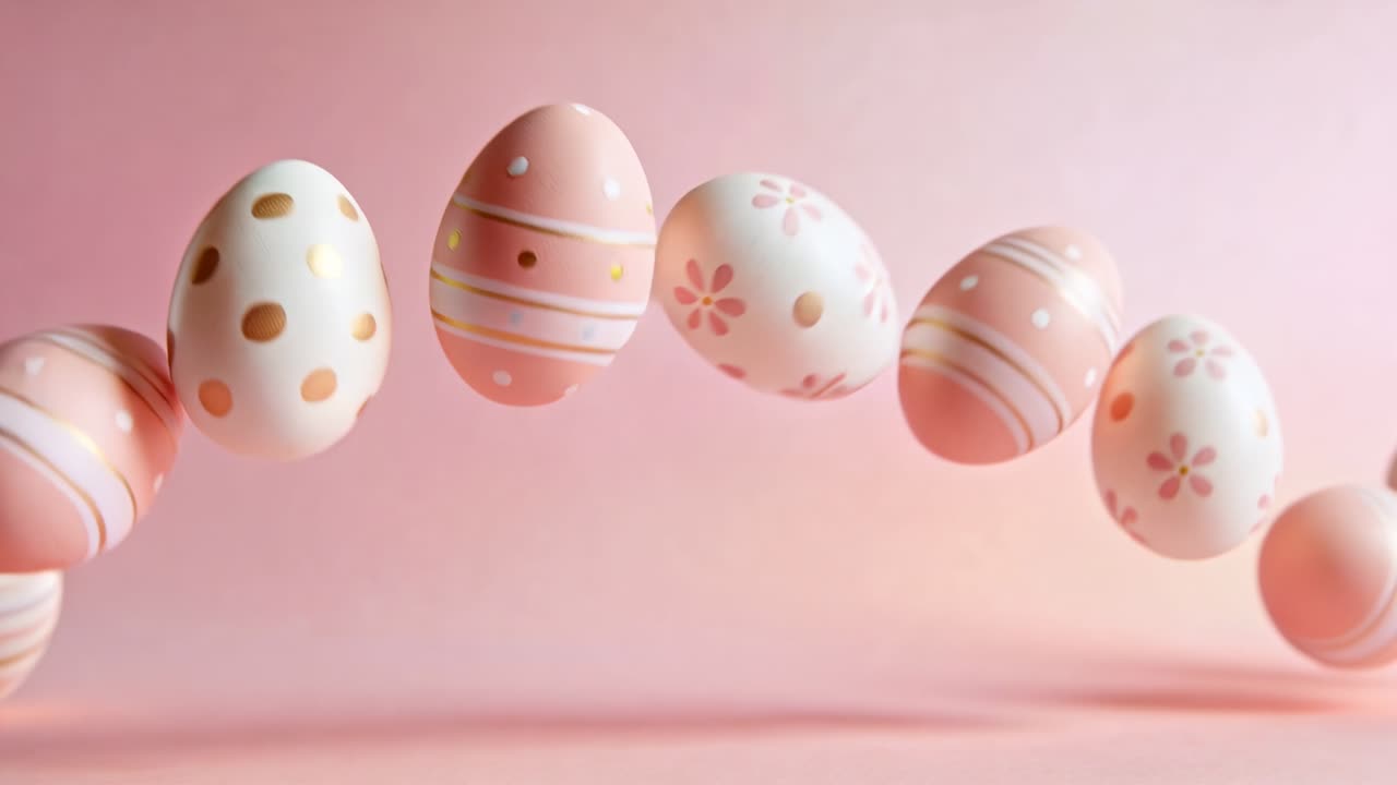 Beginning lift sending pastel eggs moving across soft pink backdrop, revealing stripes and gold