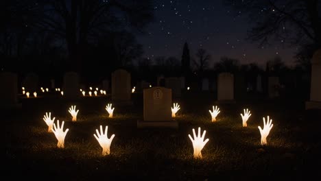 illuminated hands emerge from the darkness of night, surrounded by gravestones under a star-studded sky, creating a haunting and poignant scene of remembrance