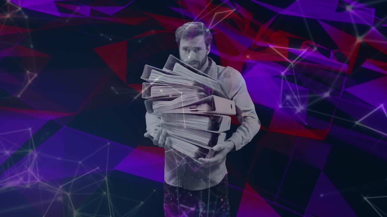 Animazione di uomo che trasporta documenti d'ufficio su rete di connessioni