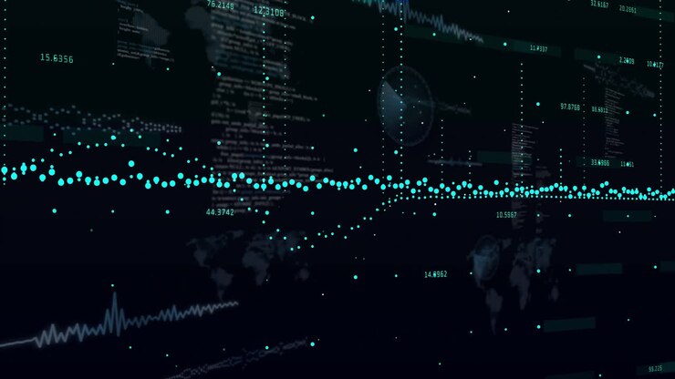 Animation of statistics and data processing over dark background