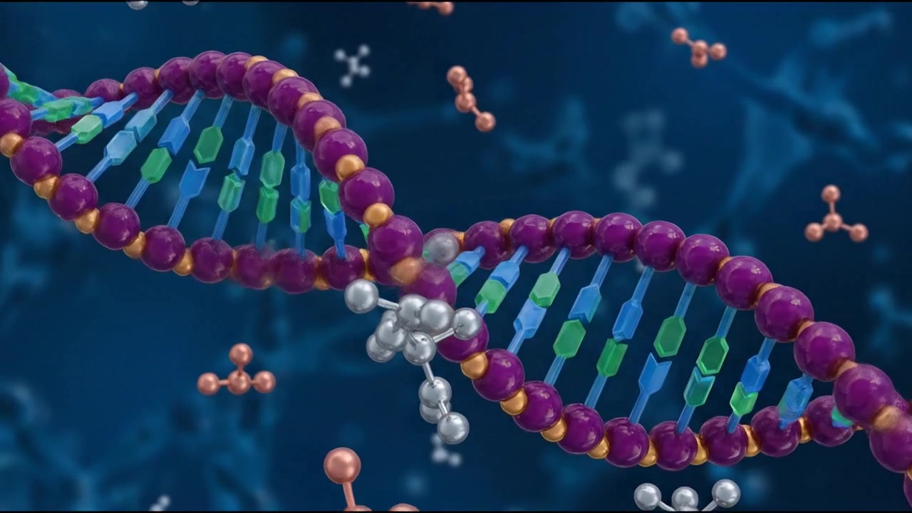 3D Animation of DNA Double Helix Structure with Floating Molecules