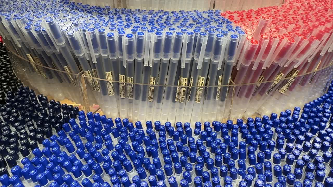Array of hundreds of pens blue, red, black in stationery store. Tops visible grouped vertically