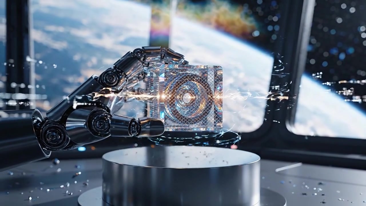 A robotic hand delicately manipulates a shimmering cube in a futuristic space environment, showcasing advanced technology against the backdrop of Earth.