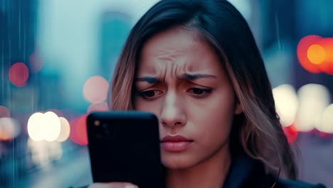 woman looking disappointed at her phone in the city at night