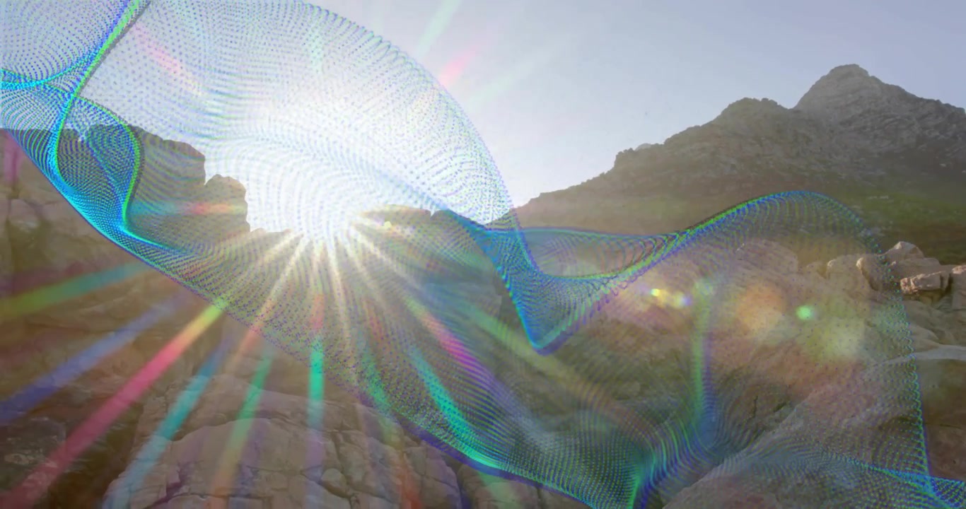 Following sunrise blue-green wireframe wave flowing right arching to frame sun with lens-flares