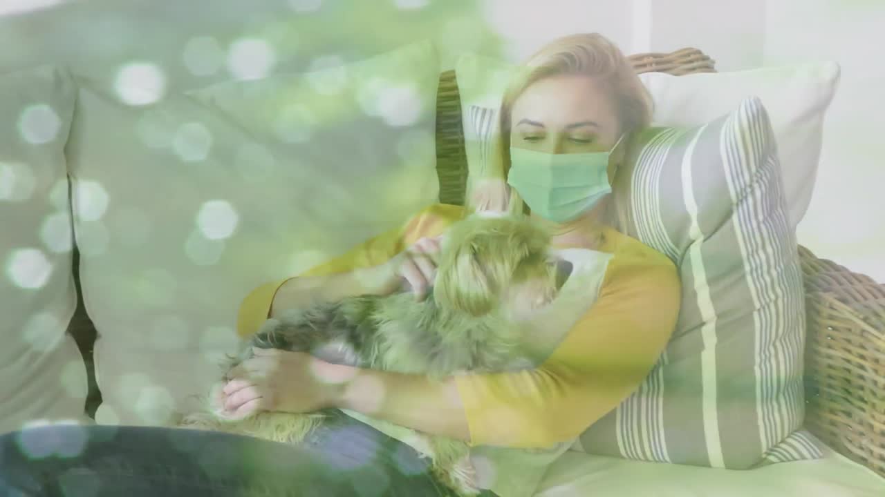 얼굴 마스크를 쓰고 애완견을 들고 있는 백인 여성 위의 빛 반점의 애니메이션