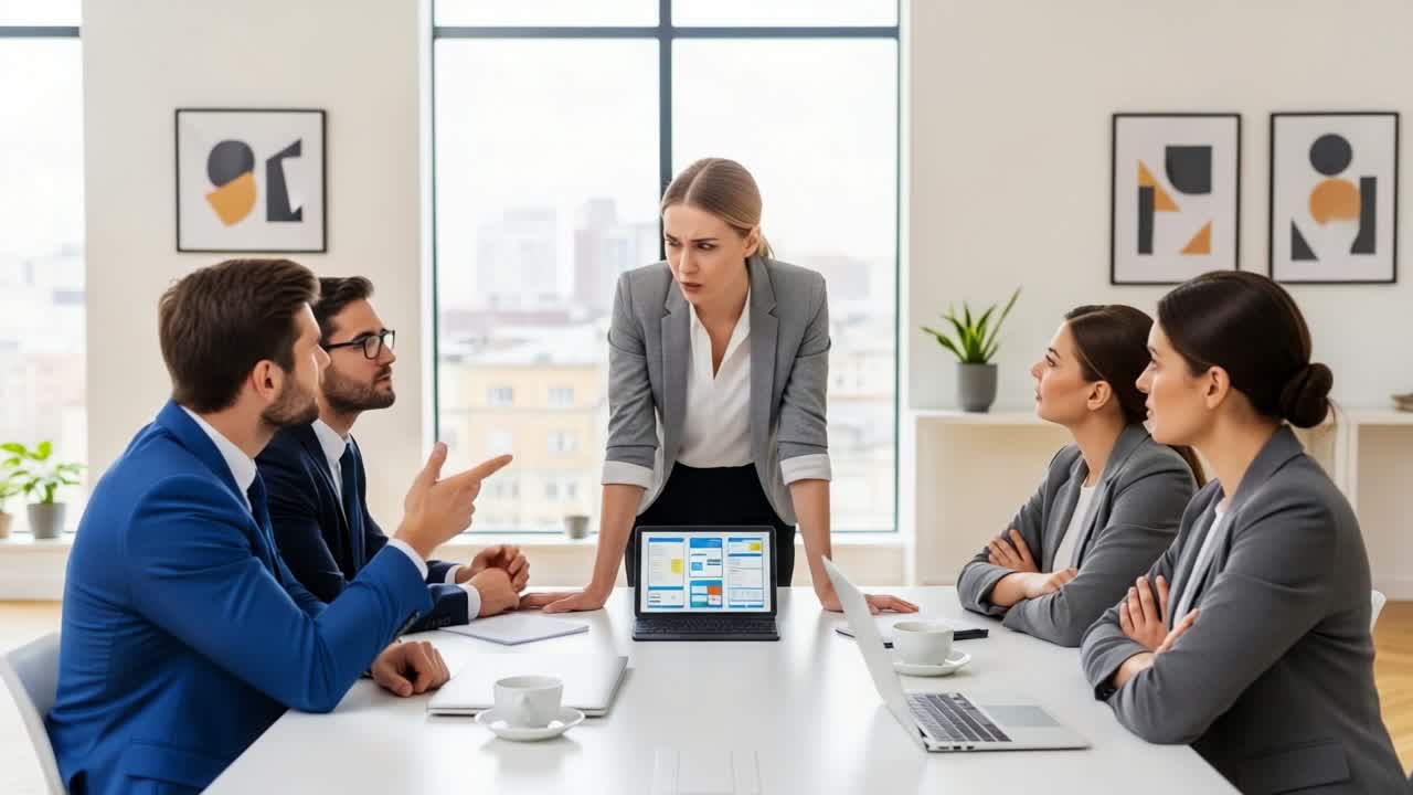 A tense business meeting unfolds as a confident woman stands at the head of the table, leading a discussion with five engaged colleagues, showcasing their diverse reactions and body language during negotiations