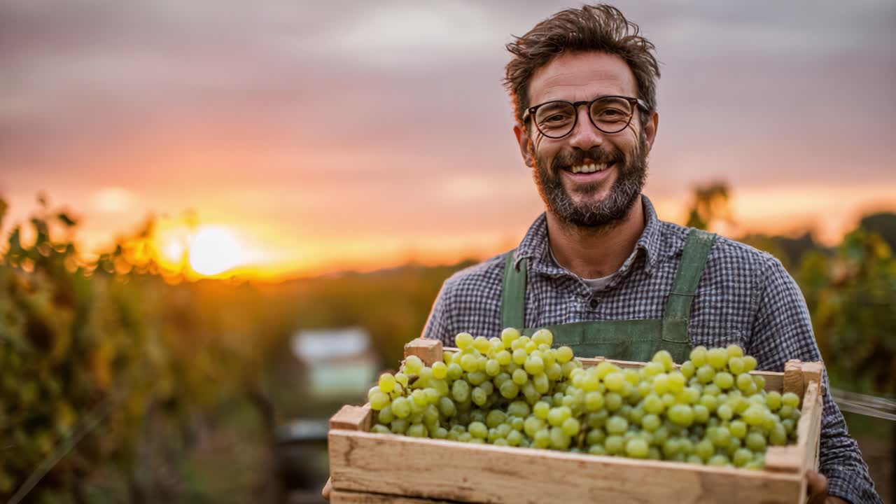 A Passionate Vineyard Worker Celebrating the Harvest with a Bountiful Box of Fresh Green Grapes Against a Stunning Sunset in an Expansive Vineyard Landscape