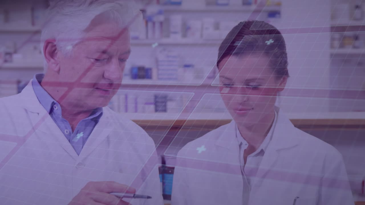 Male angling disc to woman tapping tablet, checking lab data with holo HUD overlaying map bars