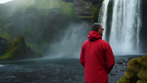 Man in Red Jacket Gazing at a Majestic Waterfall