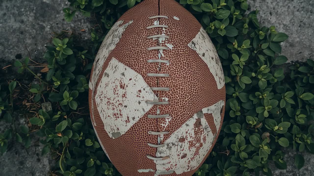 Telecamera che si avvicina, un pallone da calcio consumato che rivela pittura bianca scrostata e lacci per uno studio di design sportivo.
