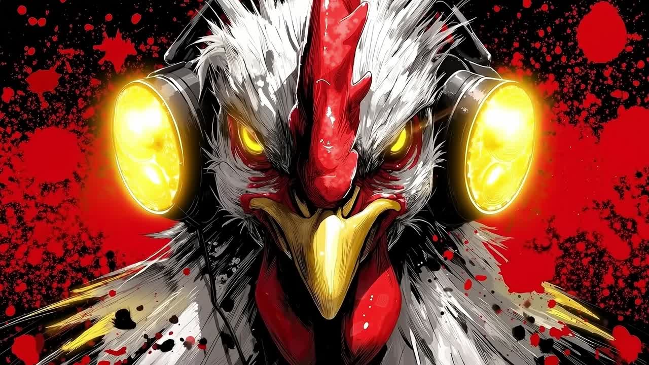 A close up of a chicken with yellow eyes and a red background