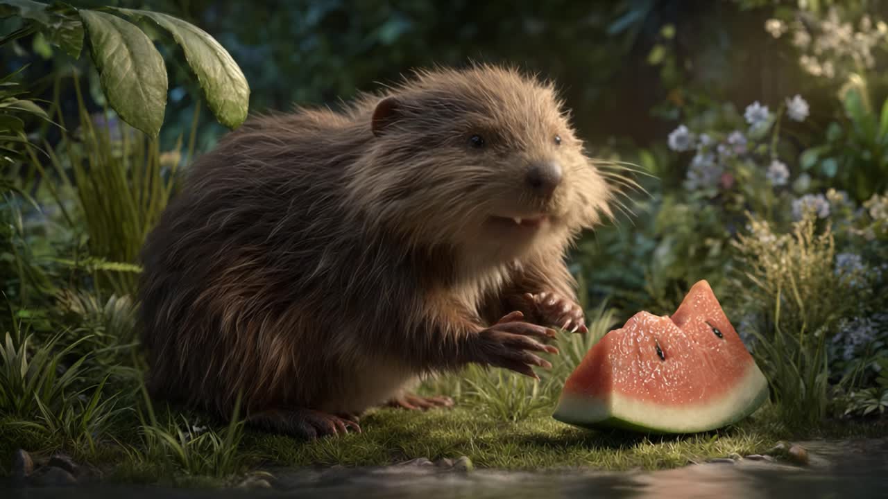 A Charming Woodland Creature Enjoys a Refreshing Slice of Watermelon Amidst Lush Greenery in a Serene Natural Setting