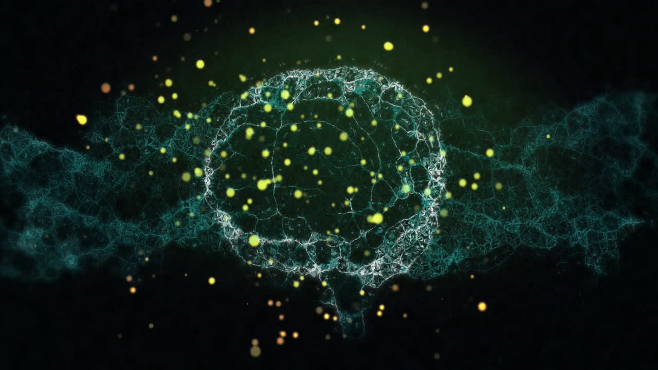 animación de red neuronal con partículas brillantes sobre un fondo oscuro