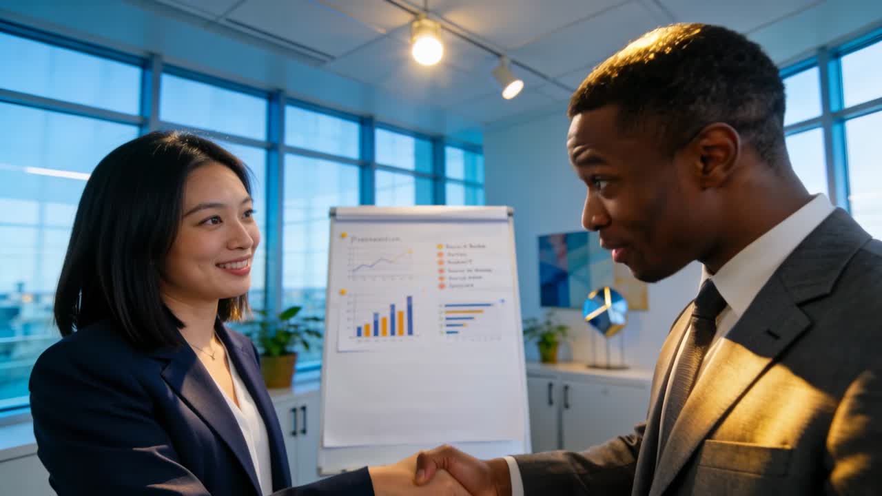 Shaking hands after presentation in meeting room, colleagues in suit and navy blazer by flip chart