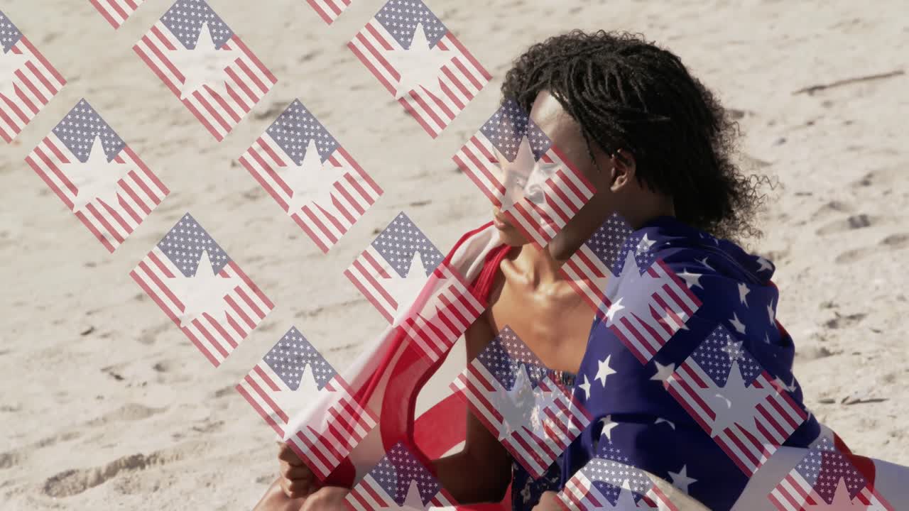 animación de banderas de ee.uu. sobre mujeres diversas sentadas en la playa