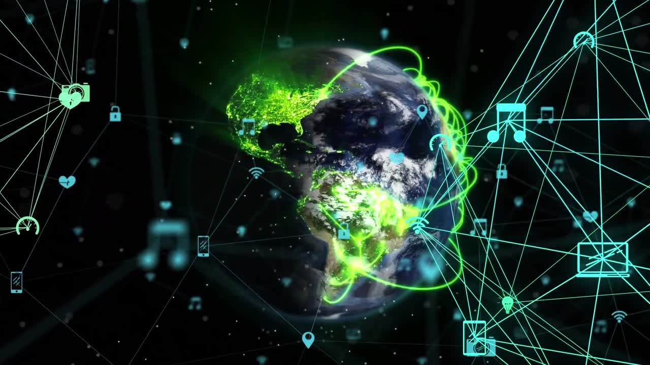 Animation of network of digital icons and red light trails over spinning globe on black background