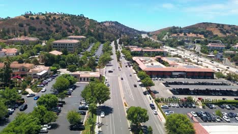 aerial wide shot over an upscale shopping center next to the highway in southern california