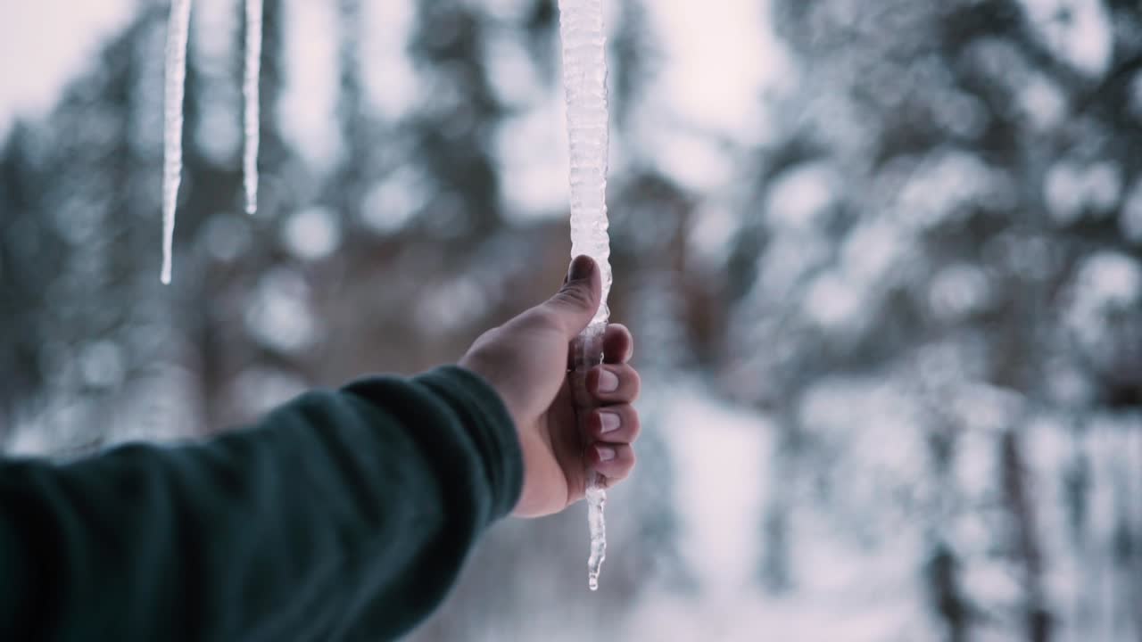 Man grabbing icicle and breaking it off in his hand on a cold, snowy winter day
