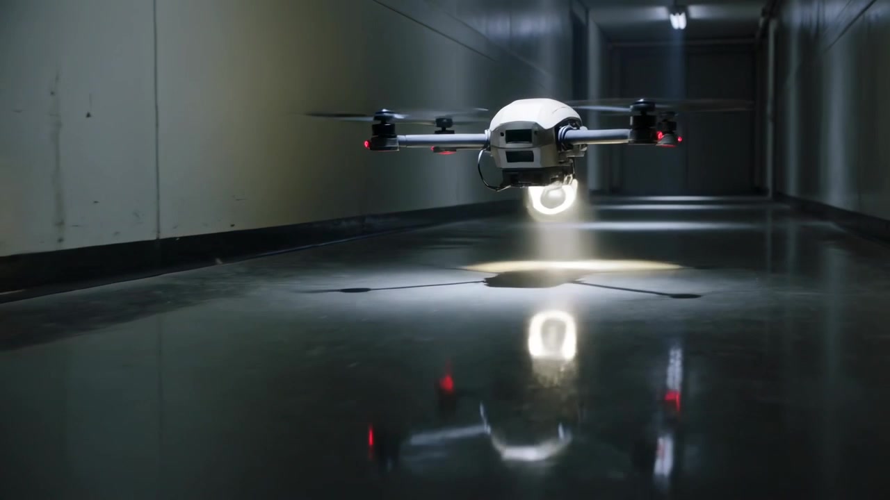 Liten quadcopterdrönare svävar efter start, inspekterar golvet i en lång korridor, visar röda lysdioder.