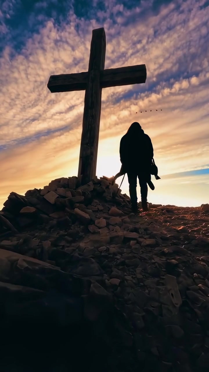 Silhouette d'une personne marchant vers une croix au sommet d'une colline au coucher du soleil