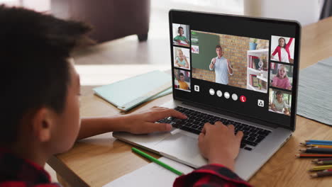 escolar que usa una computadora portátil para una lección en línea en casa, con un maestro y una clase diversos en la pantalla
