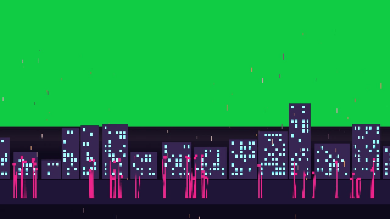 Pan starting skyline scrolling, magenta pillars shifting to reveal cyan-lit buildings on alpha bg