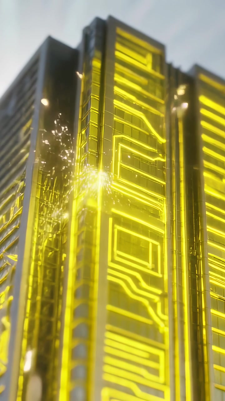 Video vertical: Haz de luz penetrante golpea la fachada de una torre en la ciudad, iluminando líneas de circuito y chispas.