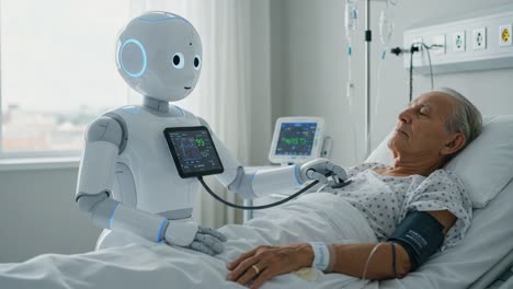 a compassionate healthcare robot assists an elderly patient: monitoring vital signs with advanced technology in a serene hospital environment