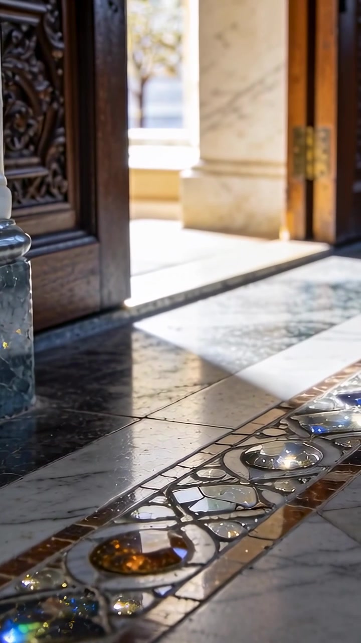 Vertikal video: Viser mosaikindlæg, der fanger sollys fra åbning ved indgangen, funklende glassten