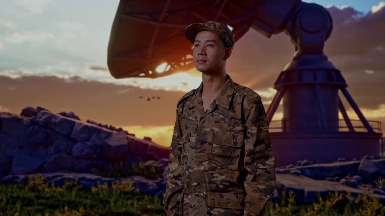 Side View Of Asian Man Soldier Looking Around While Standing With Satellite Dish