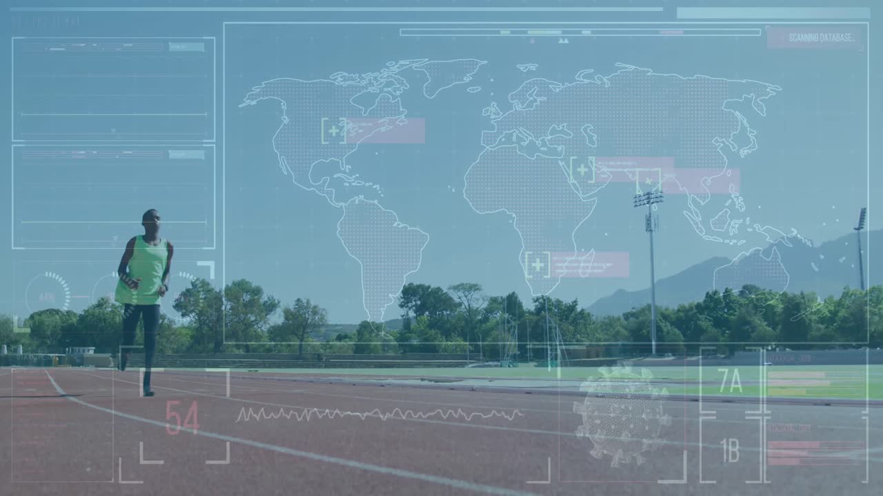 Animation of digital screen over african american man with running blade training at stadium