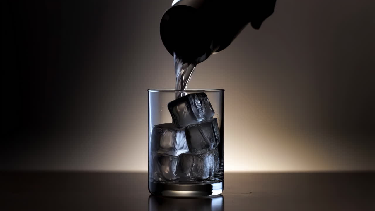 Pouring a drink into a glass with ice cubes