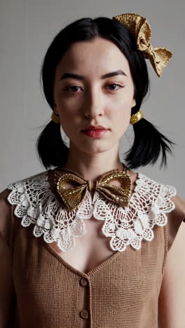 woman wearing a unique lace collar and bow tie