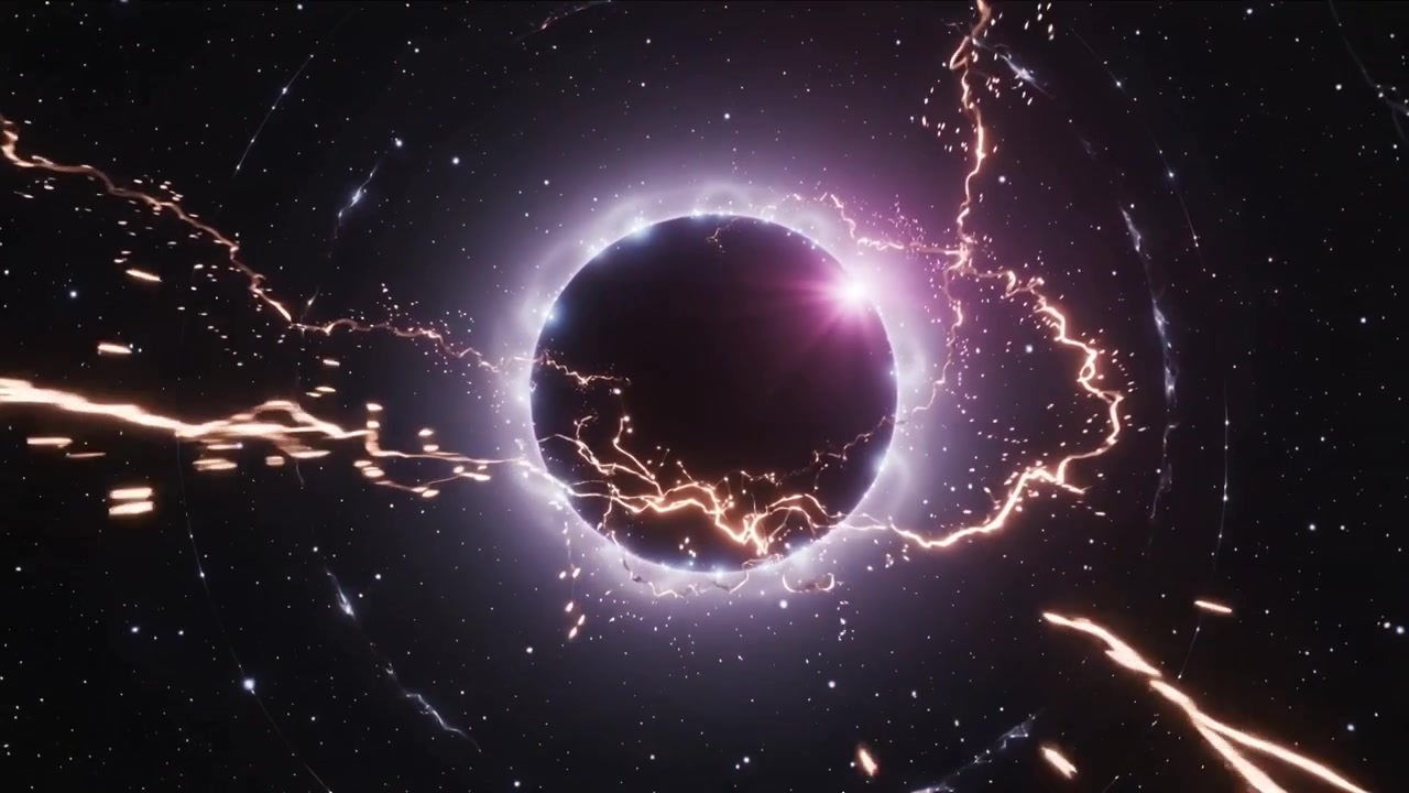 Displaying central sphere with halo as top filament starting to extend, bursting, sparking in space