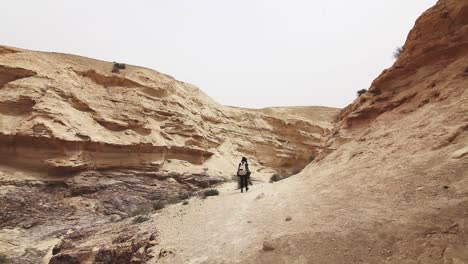 Abenteurermädchen,-Das-In-Einer-Trockenen-Wüste,-Einem-Tal,-Israel,-Einem-Bewölkten-Tag,-Einer-Reiseaufnahme-Spazieren-Geht