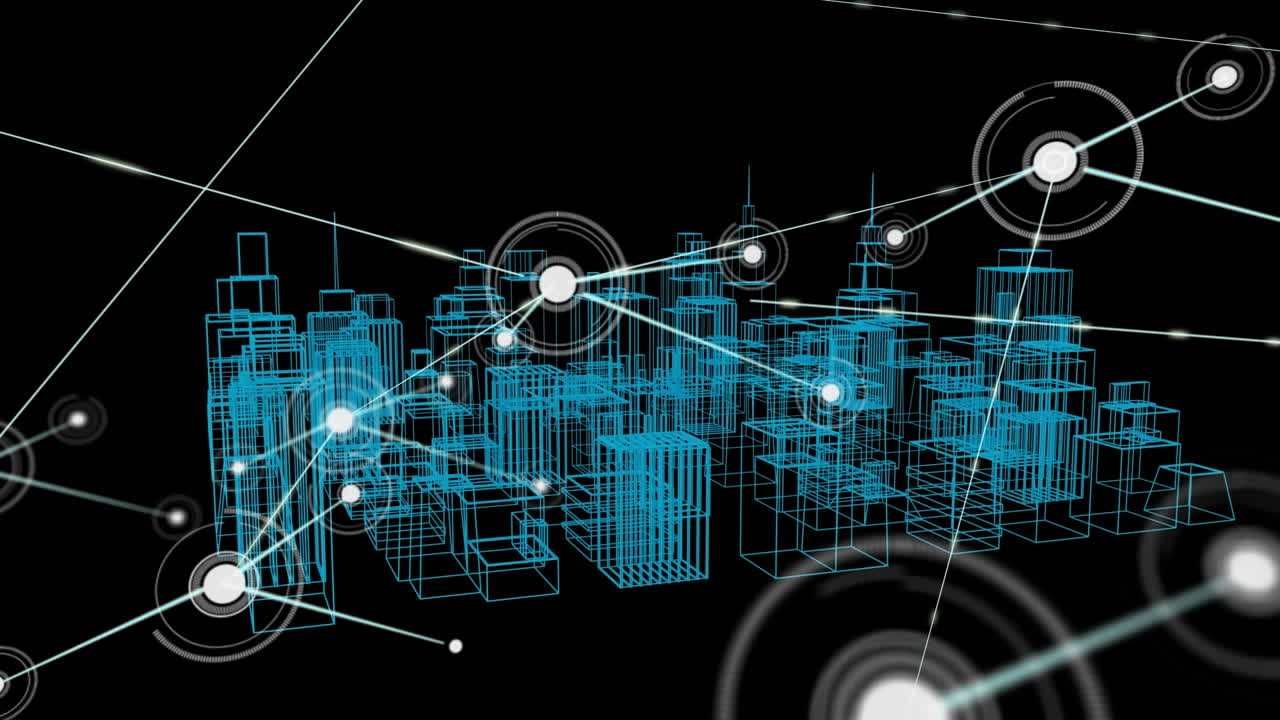 animación de redes de conexiones con iconos sobre el dibujo de la ciudad 3d girando sobre fondo negro