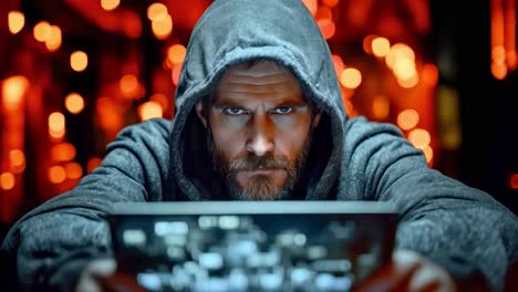 a man in a hoodie hacking on a computer