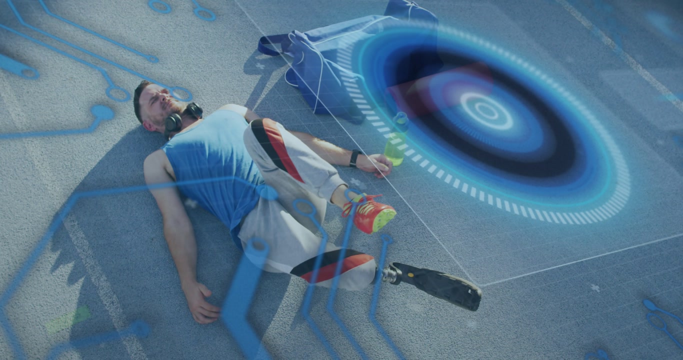 Animazione di elaborazione dati su uno sportivo caucasico disabile.