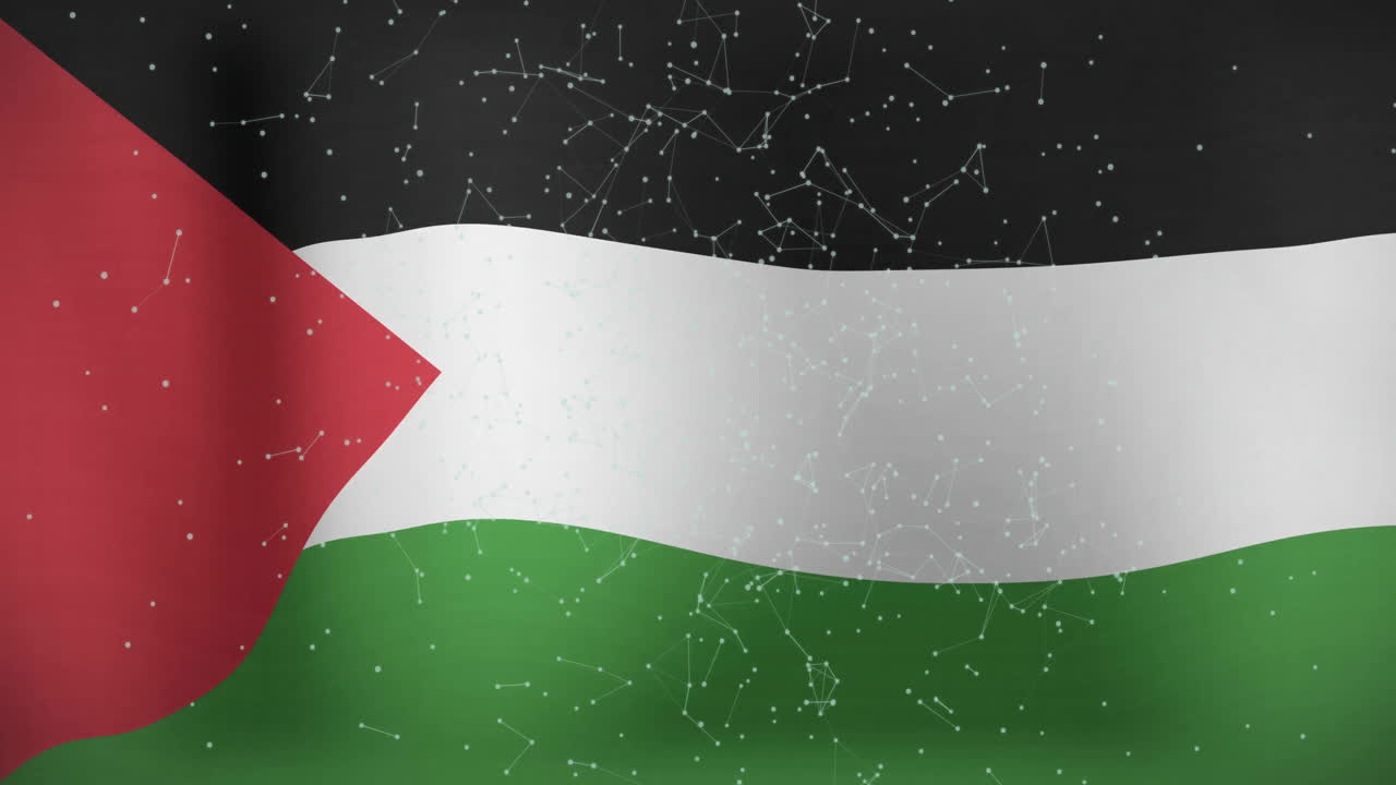 Palestinian flag with network of connections and data processing animation overlay