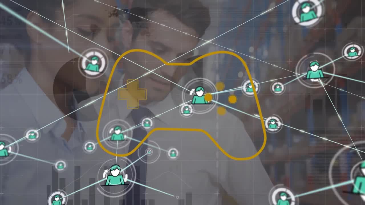 animación de iconos conectados, controlador de juego, gráficos, compañeros de trabajo caucásicos discutiendo en el almacén.