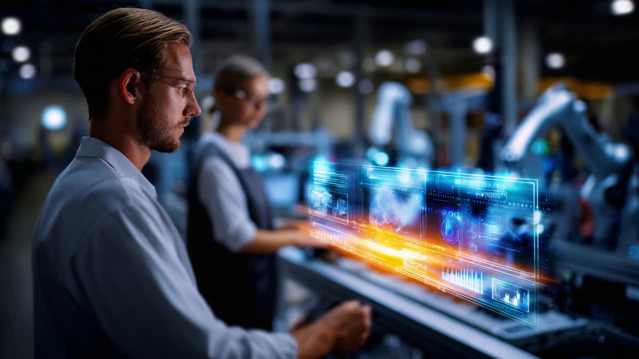 A knowledgeable technician closely interacts with advanced digital interfaces showcasing data analytics and machine efficiency in a high-tech industrial setting, enhancing workflow and operational success